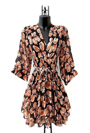 Wholesaler Elle Style - KAMILA wrap dress with sleeves, very fluid, printed, with lining. ROMANTIC.