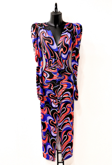 Großhändler Elle Style - KRISTALA bedrucktes Kleid. mit langen Ärmeln und Schlitz vorne