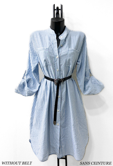 Wholesaler Elle Style - RAYELLE striped shirt dress with button and front pockets