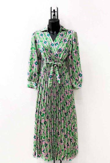 Wholesaler Elle Style - SIRINE pleated satin dress, printed, very fluid, relaxed.