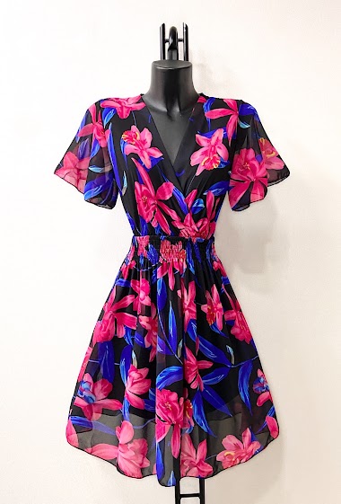 Wholesalers Elle Style - SYLVIE crossover dress with sleeves, very fluid, printed with viscose lining, ROMANTIC.