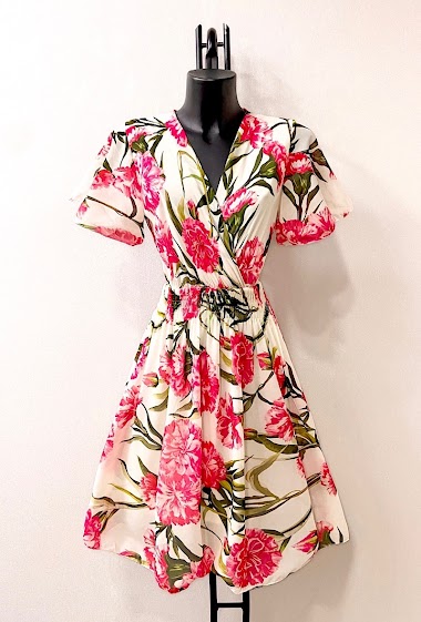 Wholesalers Elle Style - SYLVIE crossover dress with sleeves, very fluid, printed with viscose lining, ROMANTIC.