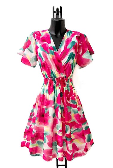 Großhändler Elle Style - SYLVIE crossover dress with sleeves, very fluid, printed with viscose lining, ROMANTIC.