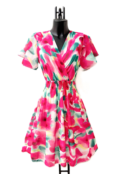 Wholesaler Elle Style - SYLVIE crossover dress with sleeves, very fluid, printed with viscose lining, ROMANTIC.
