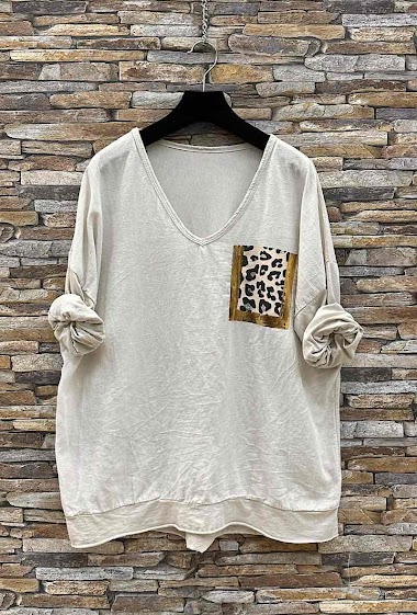 Wholesaler Elle Style - POCH  long-sleeved cotton and linen t-shirt