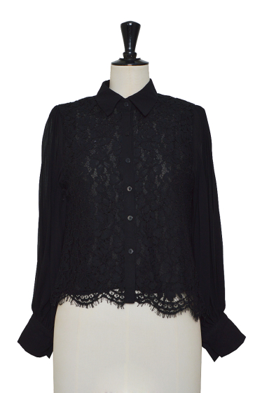 Wholesaler ELLI WHITE - Bi-material lace shirt with pleated chiffon sleeves