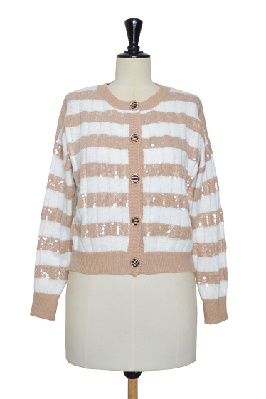 Wholesaler ELLI WHITE - Knit cardigan with wide sequined stripes and fancy buttons