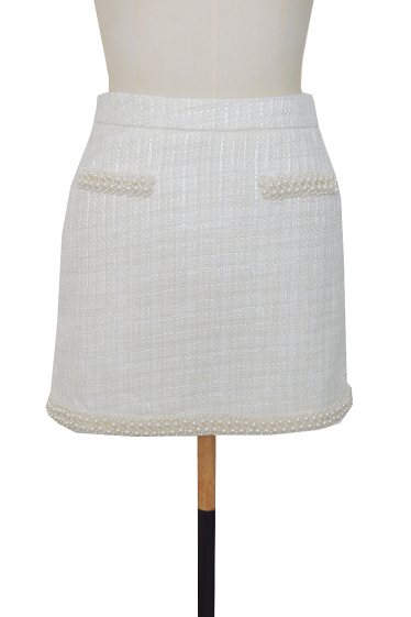 Wholesaler ELLI WHITE - Short tweed skirt with pocket and pearl trim