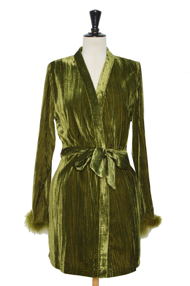 Wholesaler ELLI WHITE - Textured velvet kimono with down belt and sleeve