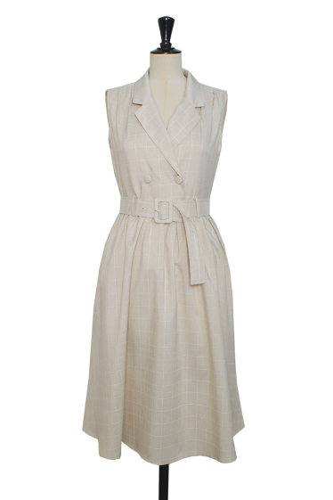 Wholesaler ELLI WHITE - Long sleeveless flared checked blazer dress with belt