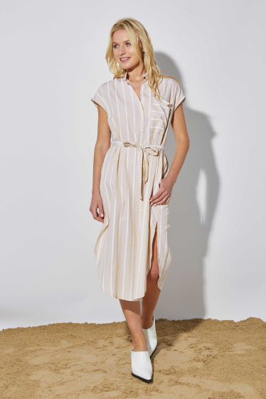 Wholesaler ELLI WHITE - Striped cotton shirt dress with pocket and belt