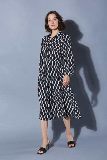 Wholesaler ELLI WHITE - Long geometric print shirt dress with pussy-bow collar