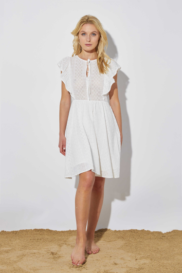 Wholesaler ELLI WHITE - Short dress in English cotton with bows