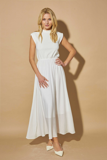Großhändler ELLI WHITE - Langes, ärmelloses Bi-Material-Kleid aus Strick und Chiffon