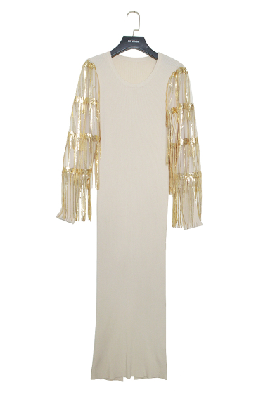 Wholesaler ELLI WHITE - Long sweater dress with fringed sequin sleeves