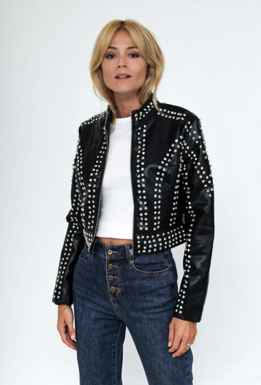 Wholesaler ELLI WHITE - Faux leather jacket with studs and diamonds
