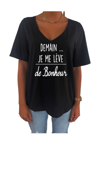 Grossiste Elvira - T-shirt femme col V oversize manches courtes |bonheur