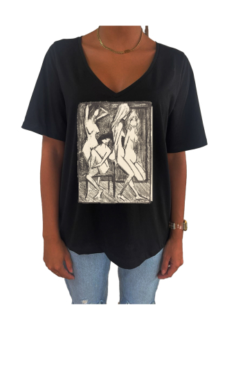 Grossiste Elvira - T-shirt femme col V oversize manches courtes | Nude art