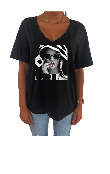 Grossiste Elvira - T-shirt femme col V oversize manches courtes |print  v15