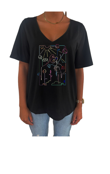 Grossiste Elvira - T-shirt femme col V oversize manches courtes |print  v18