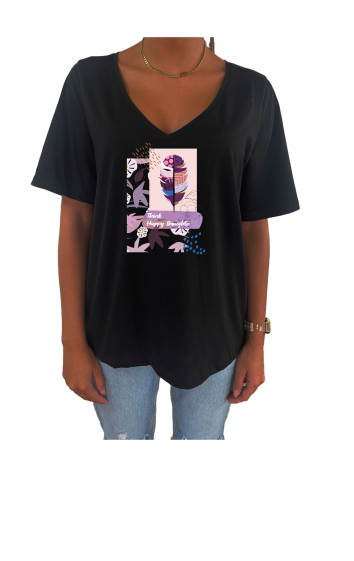 Grossiste Elvira - T-shirt femme col V oversize manches courtes |print  v20