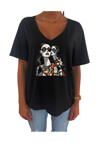 Grossiste Elvira - T-shirt femme col V oversize manches courtes |print  v24