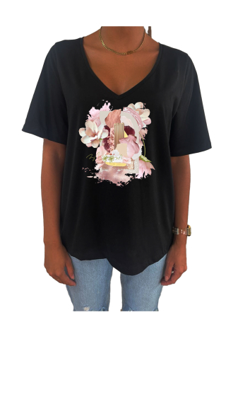 Grossiste Elvira - T-shirt femme col V oversize manches courtes |print  v33
