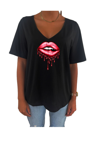 Grossiste Elvira - T-shirt femme col V oversize manches courtes |print  v34