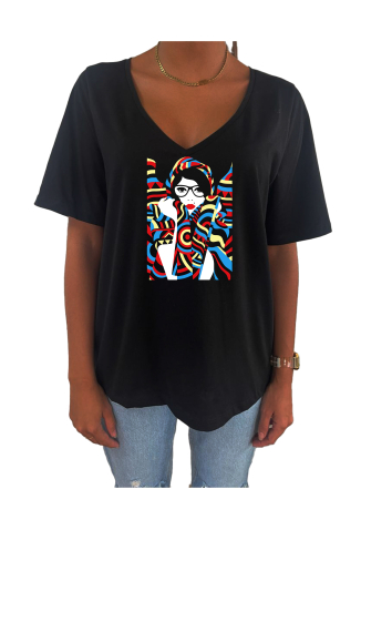 Grossiste Elvira - T-shirt femme col V oversize manches courtes |print  v39