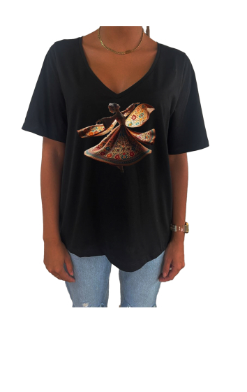 Grossiste Elvira - T-shirt femme col V oversize manches courtes |print  v4