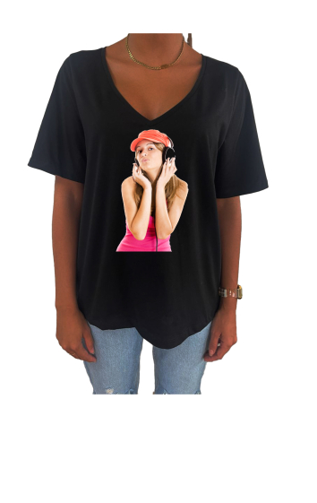Grossiste Elvira - T-shirt femme col V oversize manches courtes |print  v43