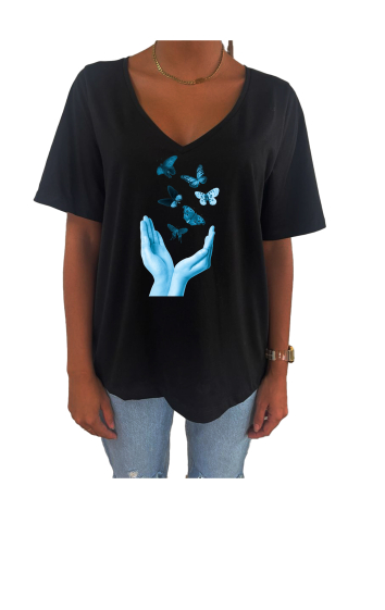 Grossiste Elvira - T-shirt femme col V oversize manches courtes |print  v52