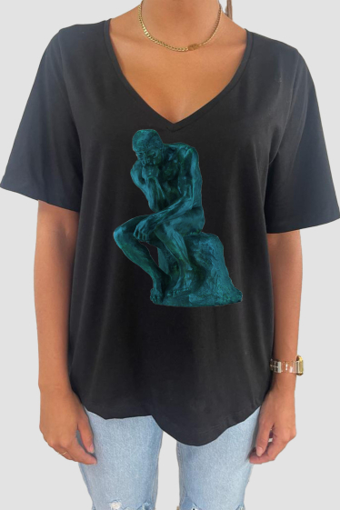 Grossiste Elvira - T-shirt femme col V oversize  | thinker bleu