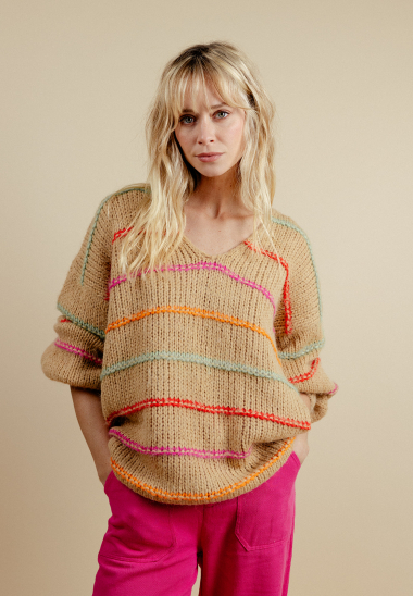 Wholesaler EMILIE K PRET A PORTER - Sweater with stripes and chunky knit