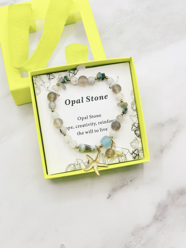 Grossiste Emily - Boite cadeau bracelet élastique de pierres d'OPALE et acier inoxydable