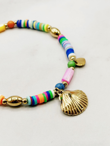 Grossiste Emily - Bracelet élastique de perles de couleurs et acier inoxydable Coquillage