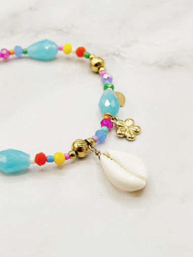 Grossiste Emily - Bracelet élastique de perles de couleurs et acier inoxydable Coquillage