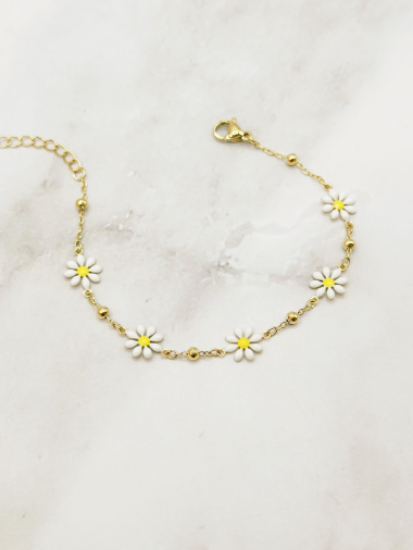 Grossiste Emily - Bracelet en acier inoxydable ajustable  Marguerites blanches
