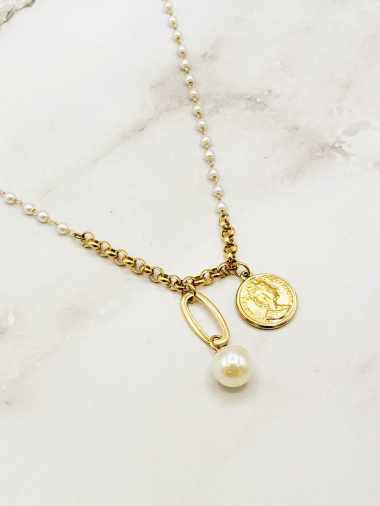 Grossiste Emily - Collier en acier inoxydable Médaille et perles