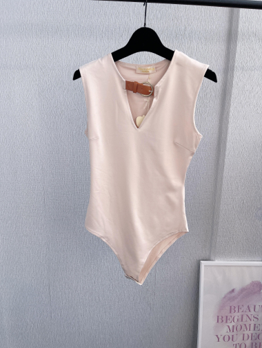 Wholesaler Emma & Ashley design - SLEEVELESS BODYSUIT WITH FAUX LEATHER BUCKLES ON THE FRONT