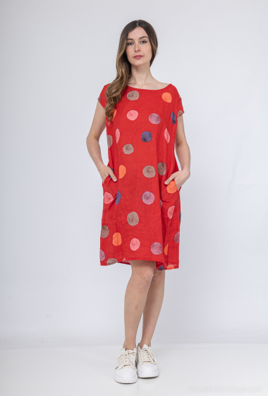 Wholesaler Emma Dore - Polka dot printed linen dress with pocket