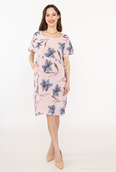 Grossiste Emma Dore - Robe fleuri en coton lin avec poche