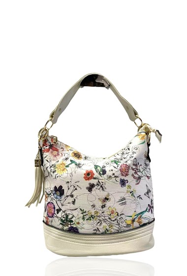 Floral print handbag with pompom