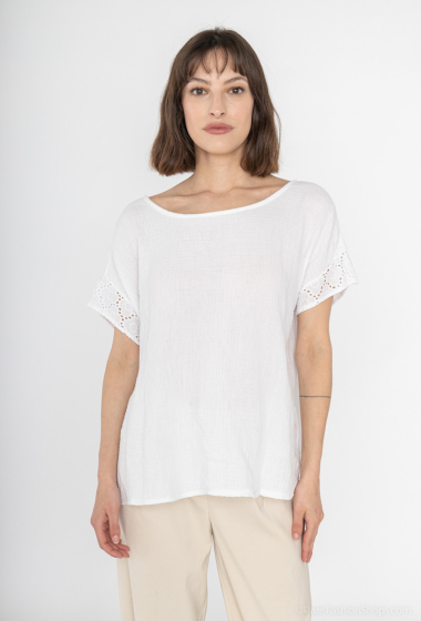 Großhändler Emma Dore - T-Shirt aus Baumwollgaze mit Spitze und Knopf