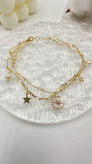 Wholesaler EMMASH BIJOUX - DOUBLE ROW ANKLE CHAIN ​​WITH STARS AND PEARLS