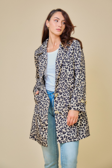 Wholesaler ESCANDELLE Paris - GABY - Mid-length straight trench coat with leopard pattern