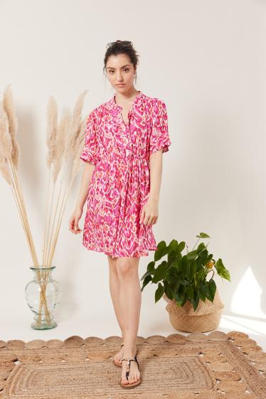 Wholesaler Escandelle - Pink Abstract Puff Sleeve Floral Print Mini Dress