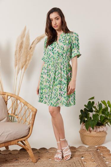 Wholesaler ESCANDELLE Paris - Abstract Puff Sleeve Floral Print Mini Dress Green