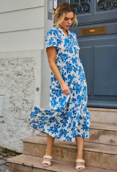 Wholesaler ESCANDELLE Paris - Long flared dress, floral print, short printed sleeves, ruffles