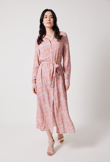 Grossiste ESCANDELLE Paris - Robe longue 100% Viscose, manches longues, print, robe chemise